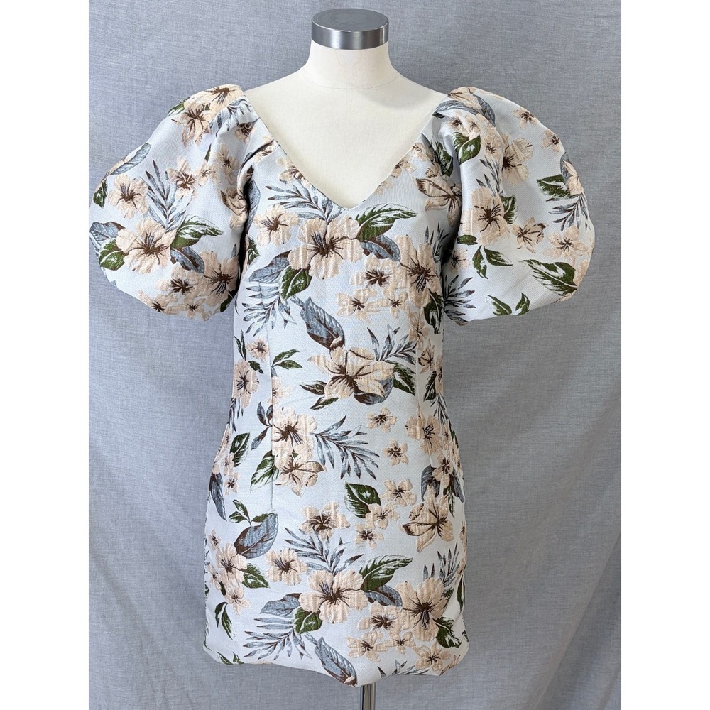 NWT Avantlook Blue Floral Jacquard Puff Sleeve Mini Dress S MSRP $220